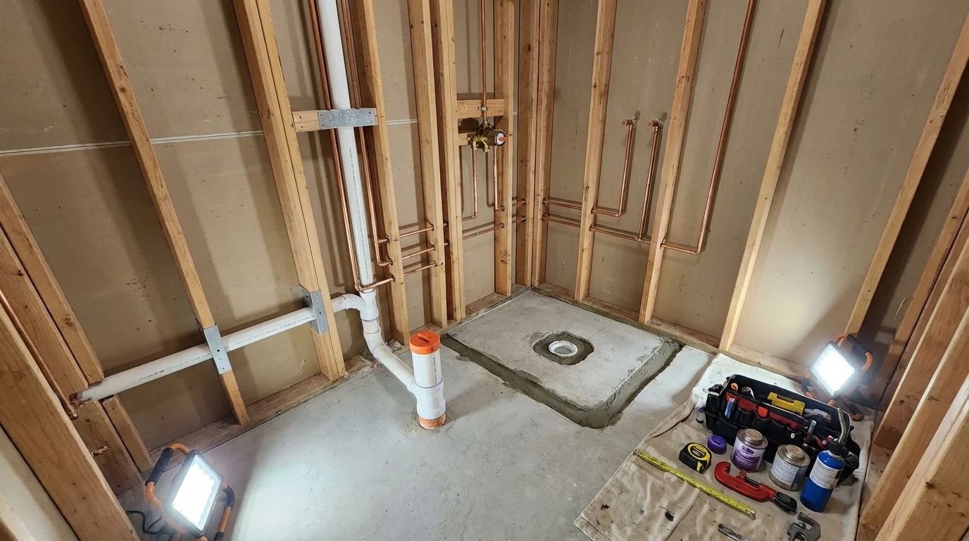 Bathroom rough-in plumbing during remodel by Johns Plumbing LLC in Caldwell