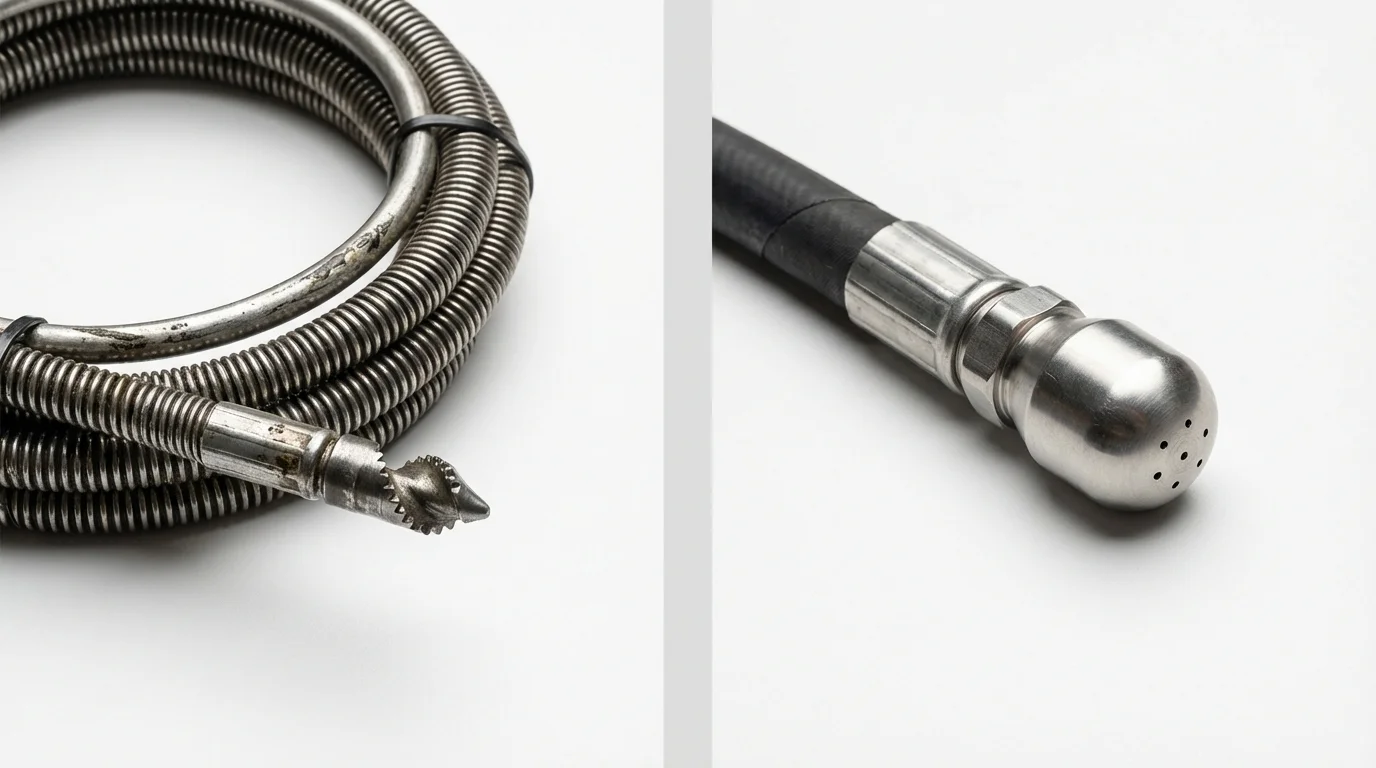 Drain snake cable and hydro jetting nozzle used for drain cleaning in Caldwell, TX