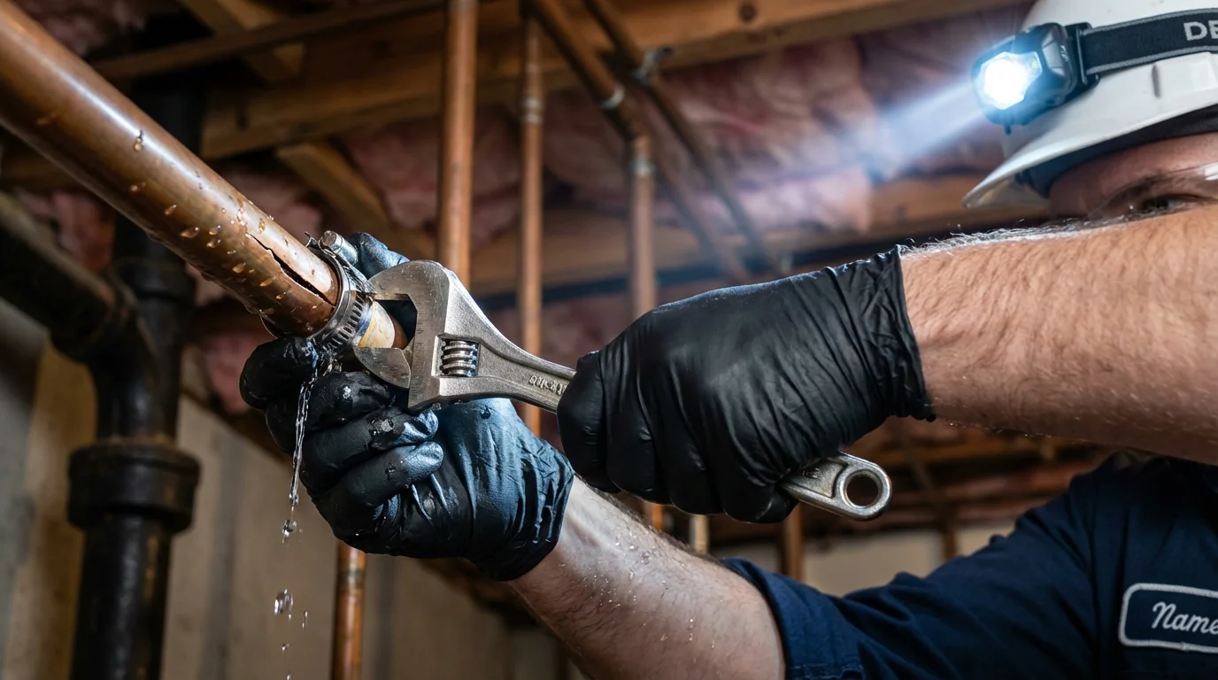 Emergency pipe clamp repair being performed by a Johns Plumbing LLC plumber in Caldwell