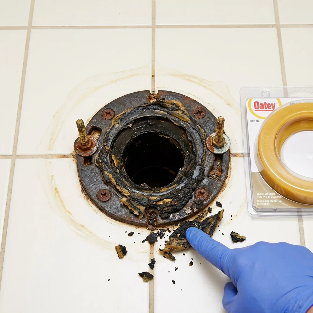 Failed wax ring showing water seepage at the base of a toilet in a Caldwell, TX home
